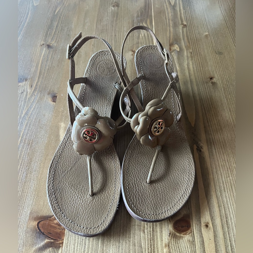 Tory Burch Tan Leather Flower Sandals